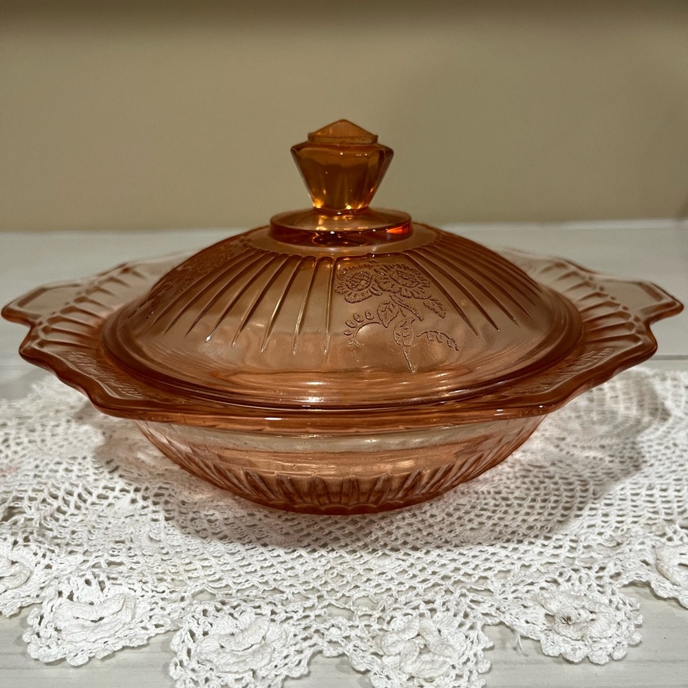 Vintage Pink Depression Glass Floral Butter/Covered Serving Dish